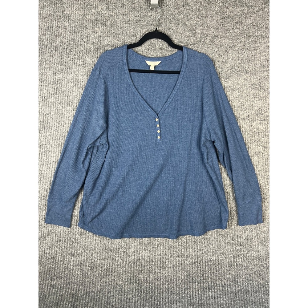 Coastal Boho Y2K Blue Henley Waffle Knit Top Plus Size 3X Layering